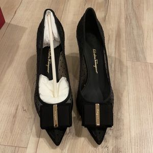 Black sheer poke a dot Ferragamo heels